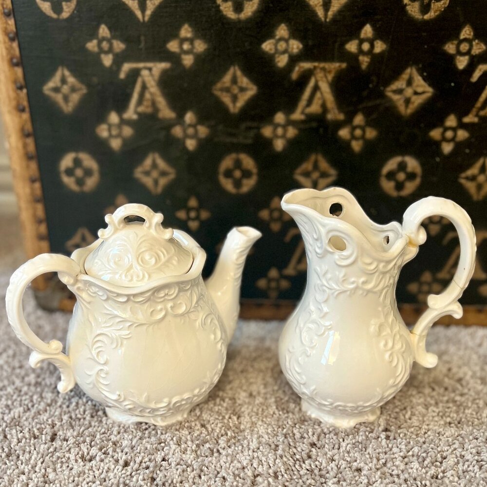 Vintage White Napcoware Provincial Teapot and Pitcher Victorian Style